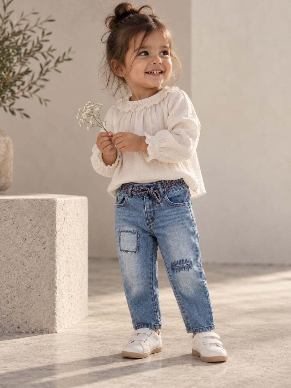 Zara Baby Girls 12-18M Light Wash Denim Jeans Braided Belt Patchwork Boho